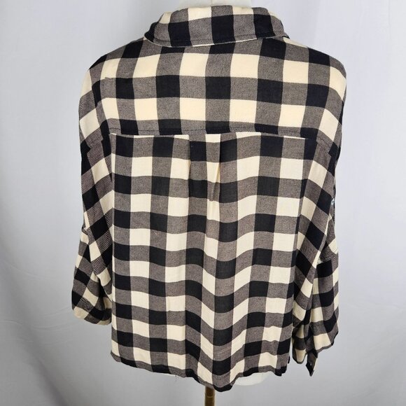 POL Crop Shirt Large Black Cream Plaid Flannel Button-Up Gorpcore Cabincore - Picture 10 of 11